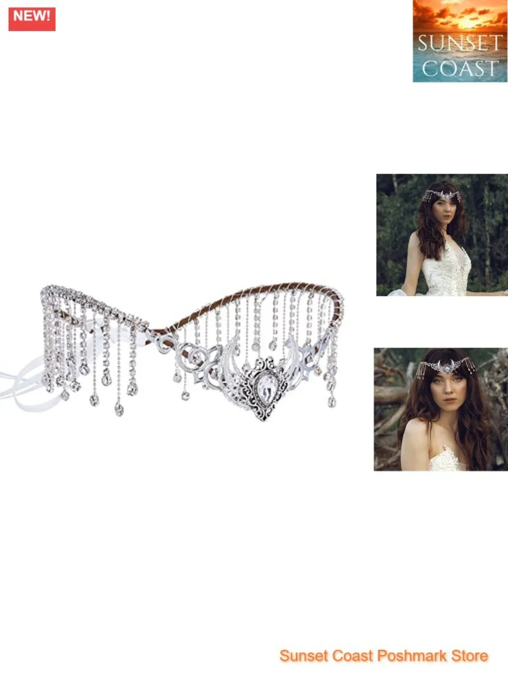 Handmade Silver Viking Crown with Crystal Tassels Celtic Fairy Headpiece